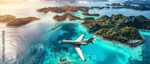 An airplane cruises over an archipelago with turquoise waters, showcasing an aerial view of stunning coastal landscapes and bright blue seas.