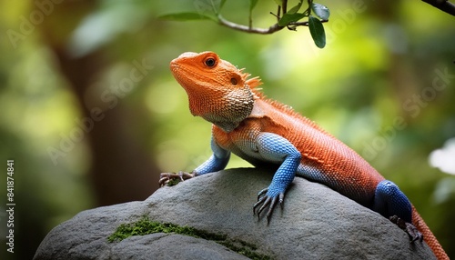 an agama lizard on a rock in the forest
