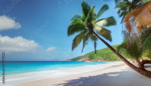 palm trees on tropical beach anse georgette on praslin island paradise on the seychelles