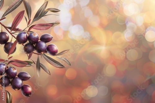 Olive branch with ripe fruits on a warm bokeh background