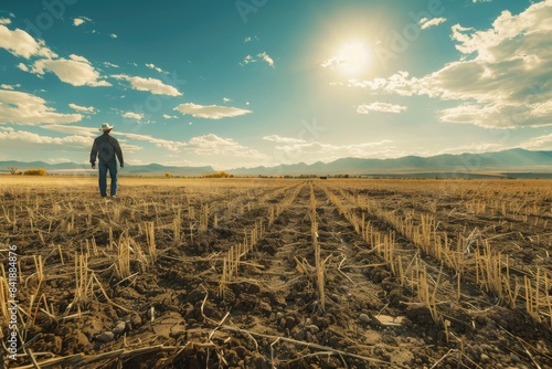 A farmer walking through a drought-stricken field, inspecting withered crops