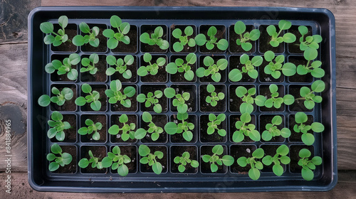 Uma vista superior de uma bandeja de propagação cheia de mudas de flores jovens de snapdragon, prontas para serem plantadas em um jardim de flores cortadas DIY.