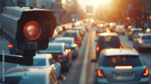 The camera tracks data on traffic violations against the background of car traffic poster.