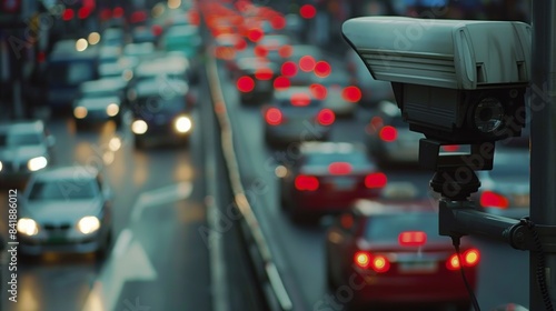 The camera tracks data on traffic violations against the background of car traffic poster.