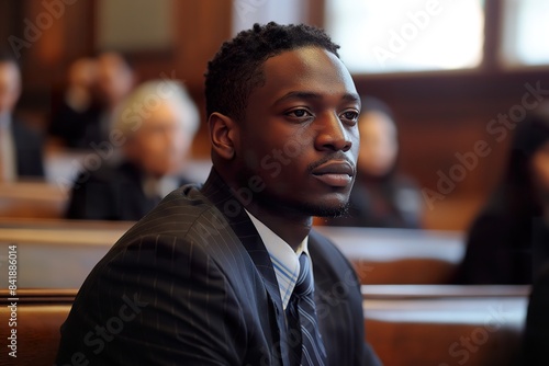 A young black man sits at the defendants table, looking intently towards the front of the courtroom.