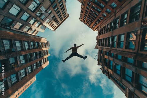 A parkour practitioner leaping between buildings capturing the essence of urban acrobatics and freedom