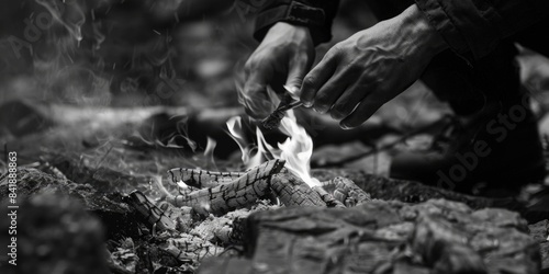 A person cooks over a campfire in the wilderness