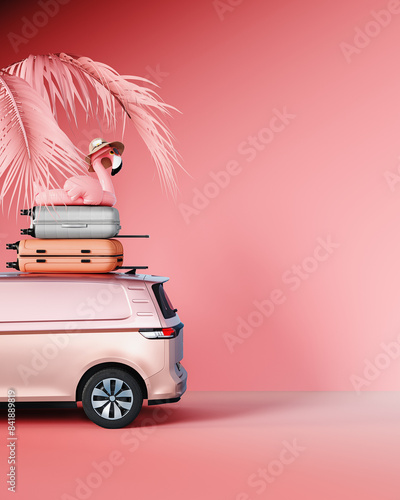 Summer travel concept design with copy space. Car with pink flamingo and luggage ready for vacation on pink background. 3D Rendering, 3D Illustration
