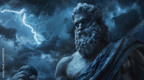 The God Zeus on the background of a gloomy sky with lightning.