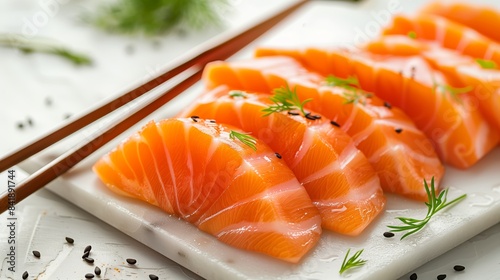 thinly sliced salmon sashimi with chopsticks, isolated on a white background. 