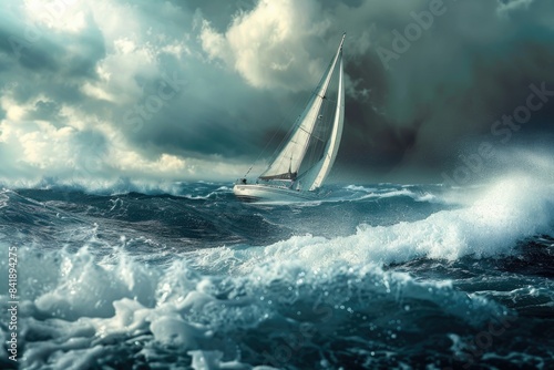 A sailboat struggles to stay afloat in the midst of turbulent waters, suitable for use in scenarios requiring imagery of weather challenges or adventure