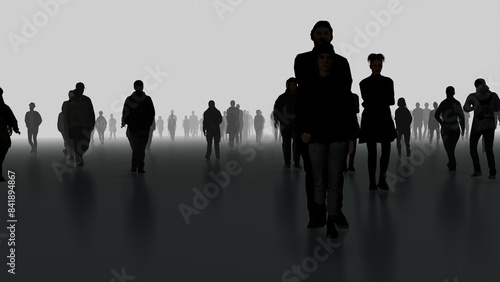 Silhouettes of many people walking slowly in fog. People, spirits, phantoms, walking in mist, haze, after life plane. Slow motion. 3d render illustration