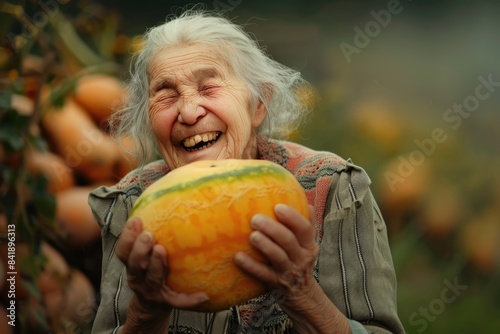 A mature woman is holding a melon in her hands, possibly at market or harvest time