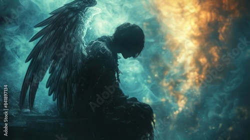 A black angel is sitting on a ledge with a blue background