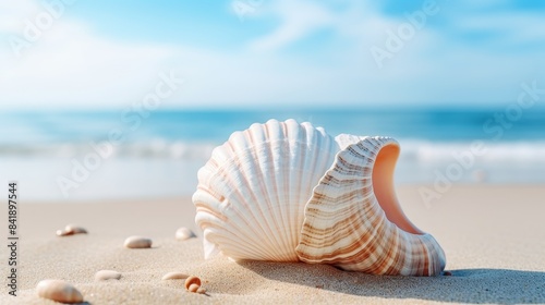 A shell is laying on the sand at the beach. The shell is white and orange, and it is laying on the sand in the sun. The beach is calm, and the water is gently lapping at the shore