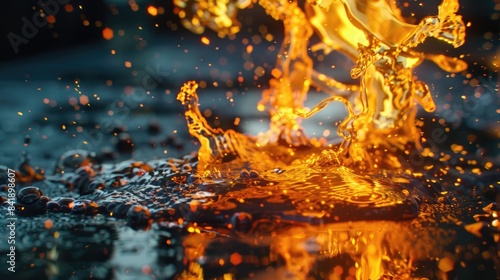 A close-up shot of a fire with water splashed on it, showing the interaction between the two elements