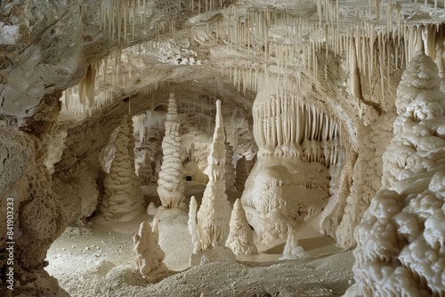 A limestone cave interior where dripping water has formed stalactites and stalagmites showcasing nature sculptural abilities through mineral deposition