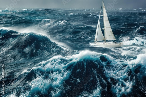 A sailboat navigating through turbulent water