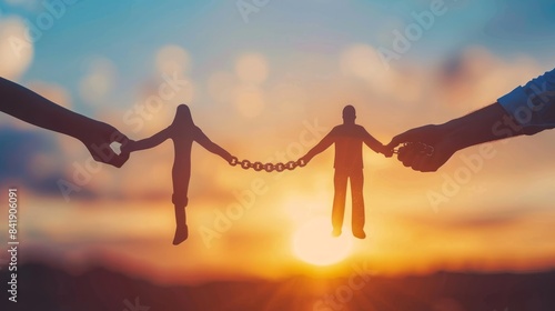 couple hands holding chain of people pictogram over evening sky background