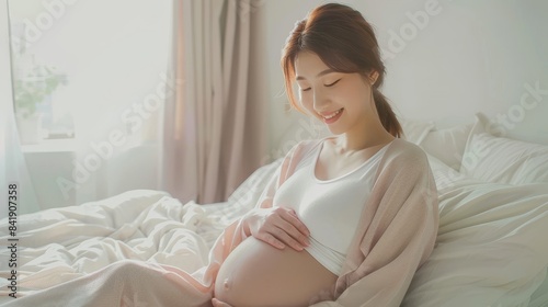 Happy young Asian pregnant woman relaxing on bed, gently touching her belly, family plan, motherhood and pregnancy concept, photo realistic, isolated background, plenty of copy space