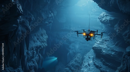 Minimalist deep-sea exploration drone navigating the abyss, capturing rare marine life and geological formations with high-definition cameras, photo realistic
