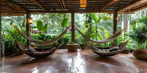 Ecolodge interior with green plants hammocks and serene atmosphere in natural setting. Concept Ecolodge Interior Design, Green Plants Decor, Hammock Relaxation, Serene Atmosphere, Natural Setting