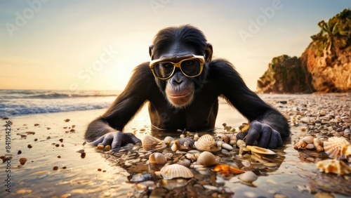 Beach scene featuring an ape wearing stylish glasses