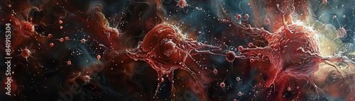 An abstract artwork depicting the chaos within a cancerous tumor, with cells proliferating in an unorganized manner.