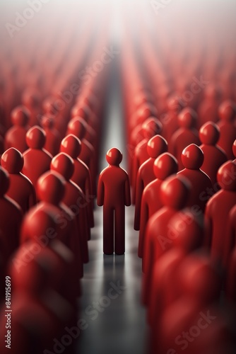A red person stands in the middle of a crowd of red people. The crowd is so large that the person in the middle is almost invisible