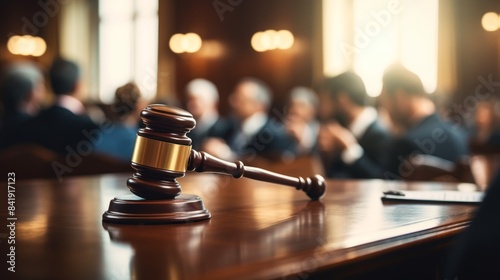 A wooden gavel sits on a wooden table. The gavel is surrounded by a blurry background, giving the impression of a courtroom scene
