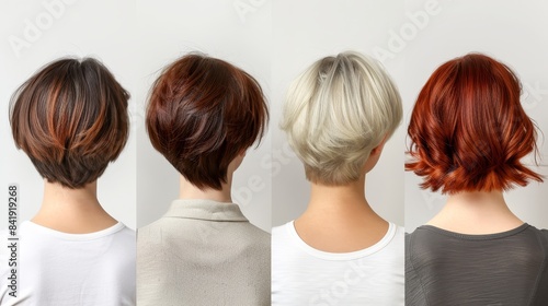 Photorealistic collage of women's short hair in brunette, blonde, chestnut, and red, back view, on a white background, minimalistic design