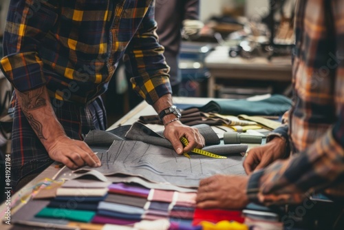 A tailor and client looking at fabric swatches on a worktable with the tailor measuring tape