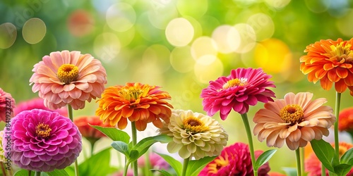 Bright zinnias of different colors on a blurred background.