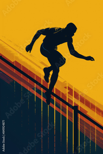 Minimalistic abstract poster depicting traceur in form of dark silhouette of slender man hovered in jump. Silhouette of man doing parkour on gradient from orange to yellow background. Copy space.