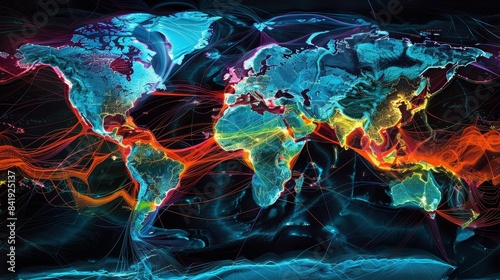 Visual map of undersea cable networks, highlighting global internet traffic flows and data hubs in vibrant, dynamic colors