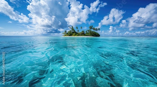 Isolated island encompassed by vast crystal clear blue ocean beside the shore