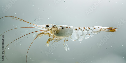 Small transparent shrimp floating in water on a white background.