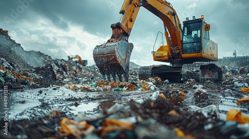 An excavator tirelessly works at a landfill, clearing accumulated garbage as part of continuous efforts towards public health and ecological balance.