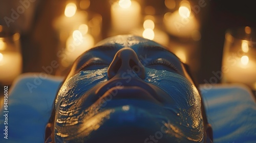 Close-up of a person enjoying a spa treatment with soft lighting and candles