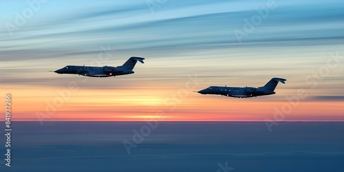 The graceful ascent of a twinjet aircraft against the colorful sunset sky. Concept Airplane Photography, Sunset Scenery, Twinjet Aircraft, Colorful Sky, Aviation Hobby