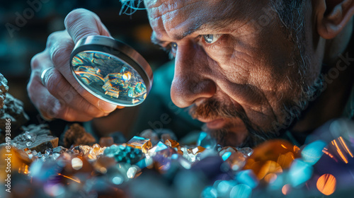 A gemologist intensely examines an array of colorful gemstones using a magnifying glass, focusing on the intricate details and clarity of each gem.