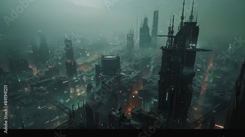 A futuristic cityscape with a post apocalyptic and dark tone.