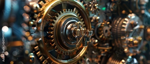 The image shows a close-up of a steampunk clockwork mechanism with gears and cogs.