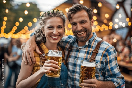 couple holding beer glasses at outdoor beer festival