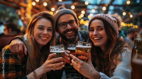 three friends toasting with beer at outdoor bar