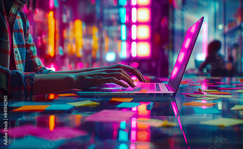Person typing on a laptop surrounded by colorful sticky notes in a neon-lit room.