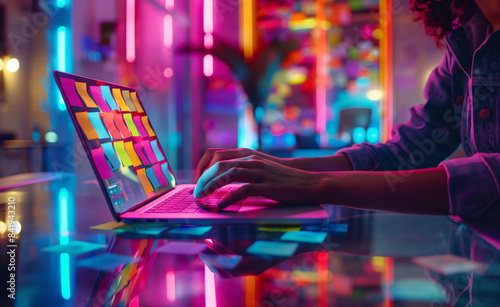 Person typing on a laptop surrounded by colorful sticky notes in a neon-lit room.