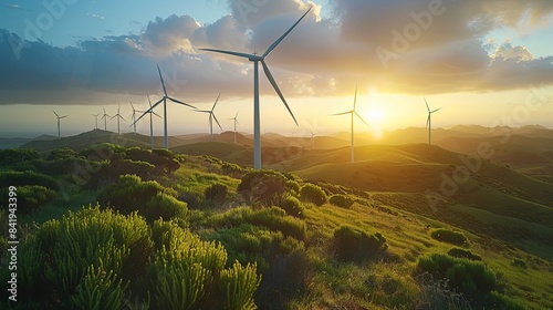 Wide-Angle View of Wind Turbines Across Rolling Green Hills Under Dramatic Cloudy Sky, Capturing the Power and Impact of Wind Energy in Ultra High Resolution