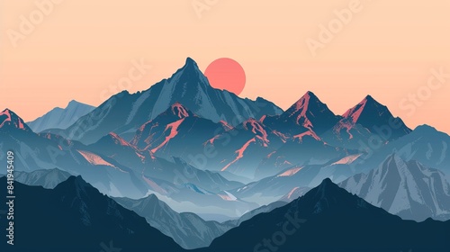 Stunning illustration of a mountainous landscape at sunset with vivid colors and dramatic peaks, perfect for nature-themed designs.