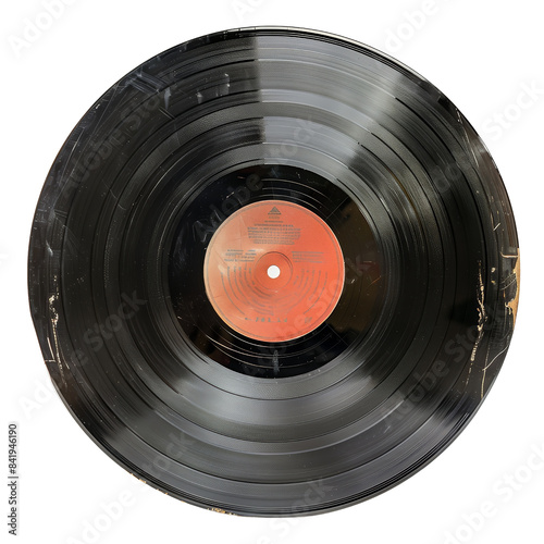 Close-up of a classic black vinyl record with a red label, showcasing the timeless appeal of analog music media. Isolated on transparent background